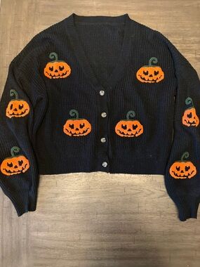 ROMWE Black Knit Cardigan with Orange Pumpkin Motifs